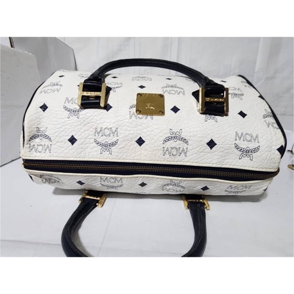 Authentic MCM Vintage Coated Canvas visetos Handle Bag Navy Blue/White - Picture 7 of 14